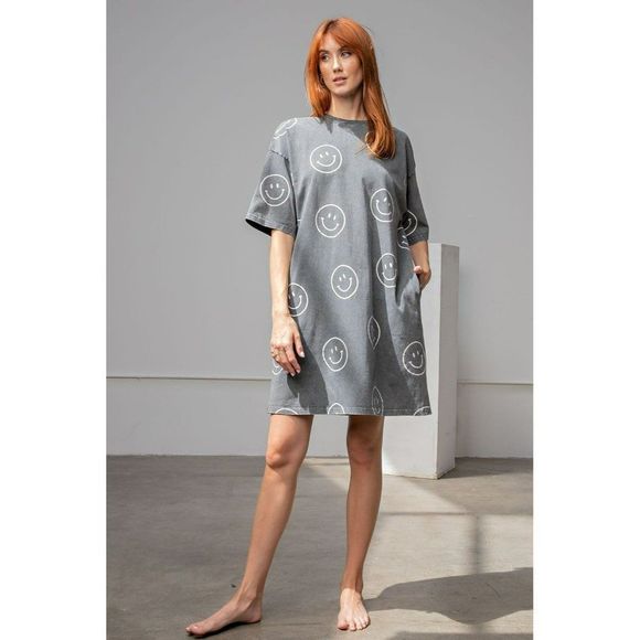 Easel Womens Smiley Happy Oversized Dress or Top in Black New S-L ED18210 - Picture 8 of 11